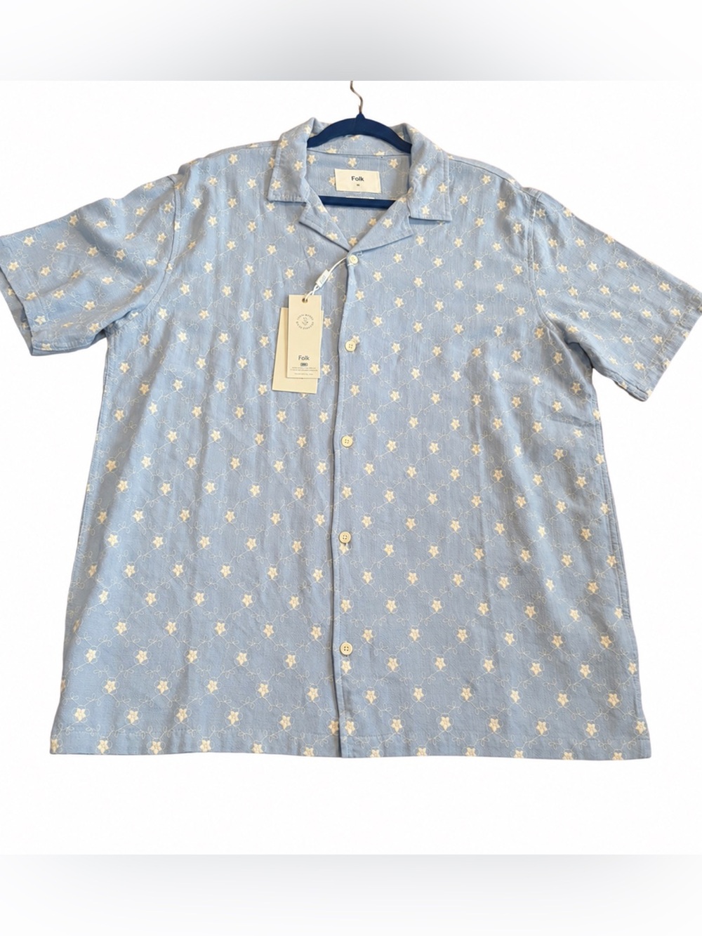 NWT UK Folk Men’s XL Blue Linen Blend Floral Embroidered Camp Shirt